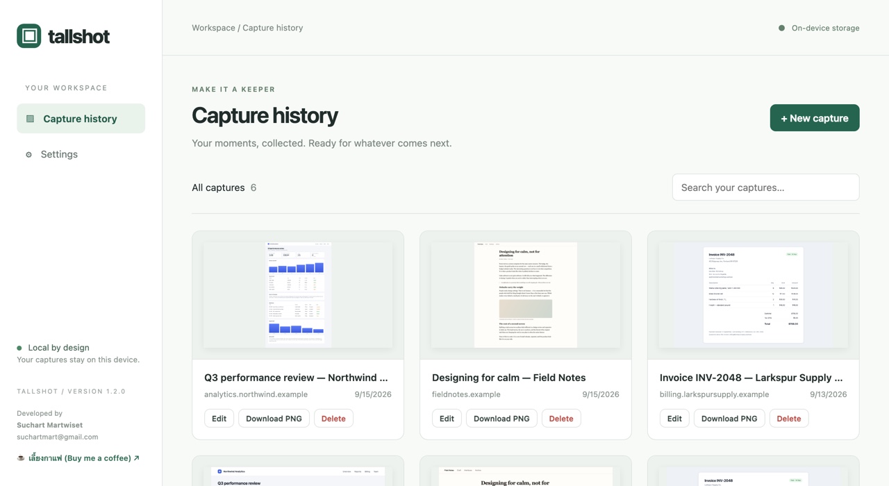 The Tallshot capture history, showing six saved screenshots in a searchable grid.